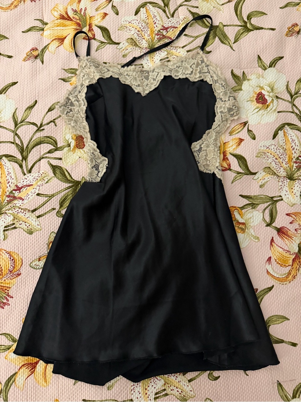 Black Satin Lace-Trim Slip Dress